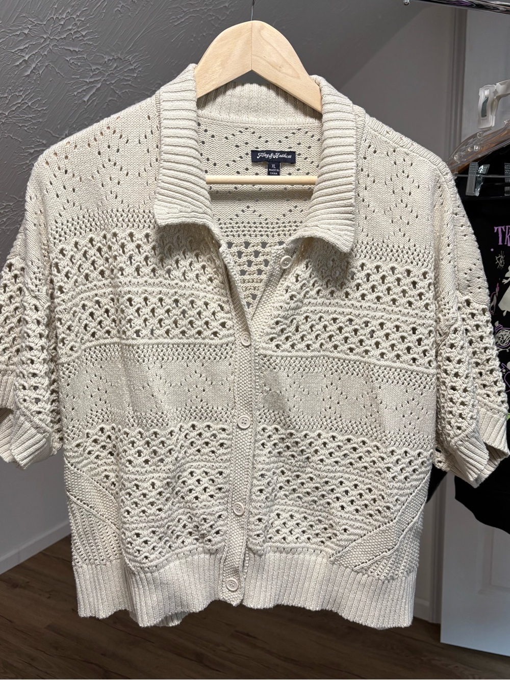 Flag & Anthem cream crochet boxy cardigan with collar. Size XL